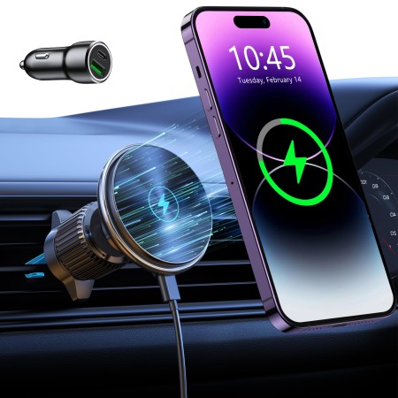 EOIWUY Cargador Inalambrico Coche Compatible con MagSafe, [Autoalineación] 15W Carga Rápida Soporte Movil Coche Magnético Salida de Aire con Cargador Compatible con iPhone 15/14/13/12 Series