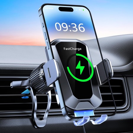 EOIWUY Car Phone Holder Wireless Charger,Auto Clamping 15W Fast Wireless Car Charger,Super Stable Air Vent Car Phone Mount Charger for iPhone Pro Max/17/16/15/14/13/12,Galaxy S25 Ultra/S25/S24/S23