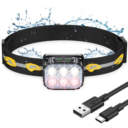 EOIWUY Linterna Frontal LED Recargable, Linterna Cabeza Impermeable IP65, 6 Modos Luz con Luz Rojo & 36H de Funcionamiento, Super Brillante 350LM Luz Frontal Ultraligera para Correr [Clase de eficiencia energética A+]